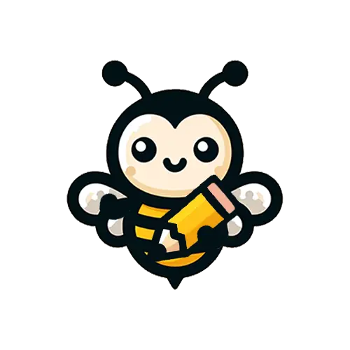 BlogrBee Logo is a cute kawaii bee holding a pencil and waving on a transparent background